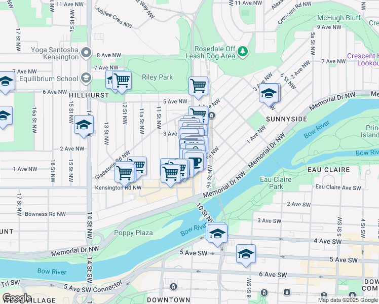 map of restaurants, bars, coffee shops, grocery stores, and more near 303 10A Street Northwest in Calgary