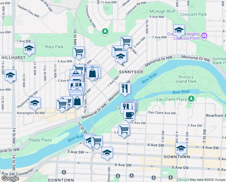 map of restaurants, bars, coffee shops, grocery stores, and more near in Calgary