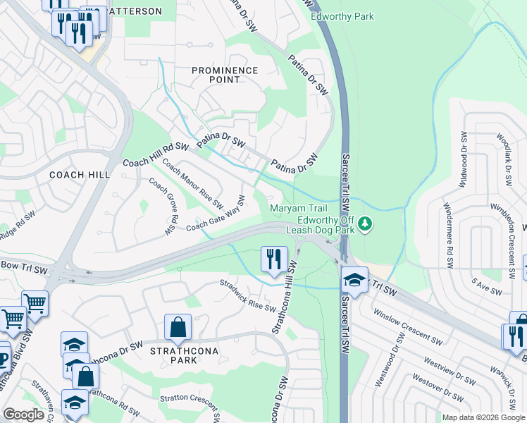 map of restaurants, bars, coffee shops, grocery stores, and more near 5619 Coach Hill Road Southwest in Calgary