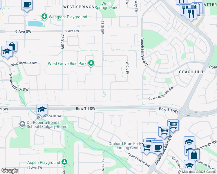 map of restaurants, bars, coffee shops, grocery stores, and more near in Calgary