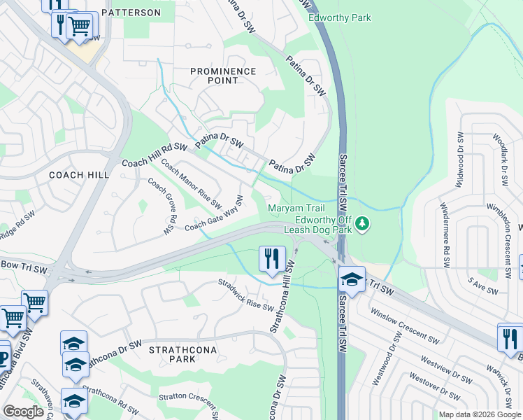 map of restaurants, bars, coffee shops, grocery stores, and more near 5619 Coach Hill Road Southwest in Calgary