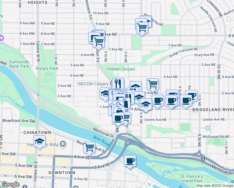 map of restaurants, bars, coffee shops, grocery stores, and more near 4 Street Northeast in Calgary