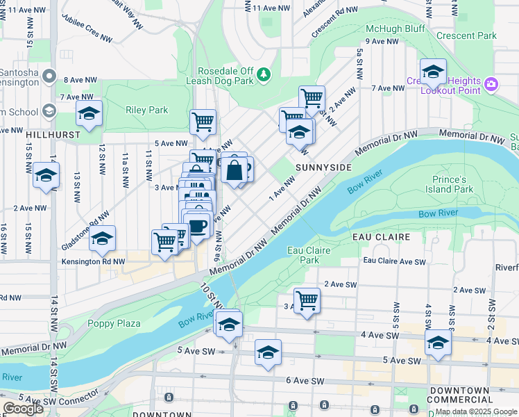 map of restaurants, bars, coffee shops, grocery stores, and more near 1007 1st Avenue Northwest in Calgary