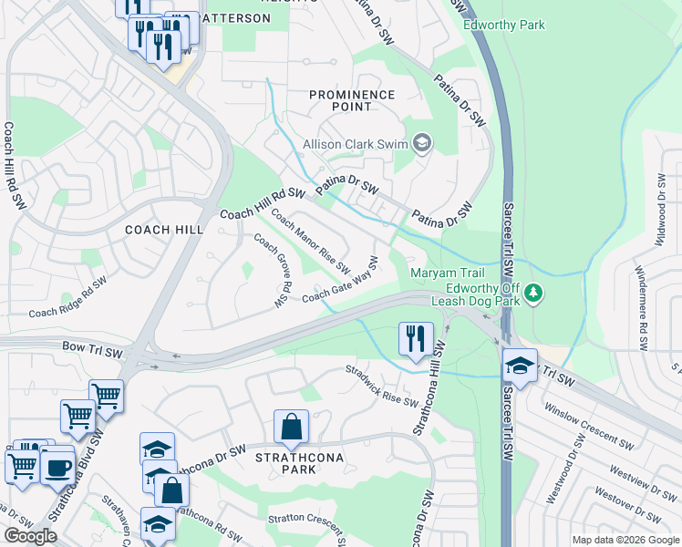 map of restaurants, bars, coffee shops, grocery stores, and more near 35 Coach Gate Way Southwest in Calgary