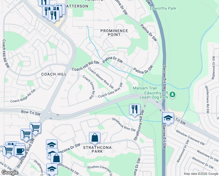 map of restaurants, bars, coffee shops, grocery stores, and more near 35 Coach Gate Way Southwest in Calgary