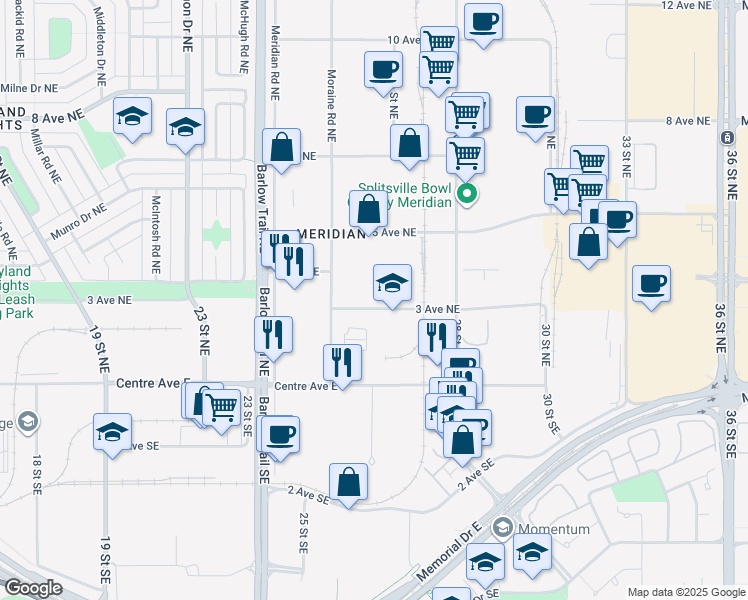 map of restaurants, bars, coffee shops, grocery stores, and more near 2712 3 Avenue Northeast in Calgary