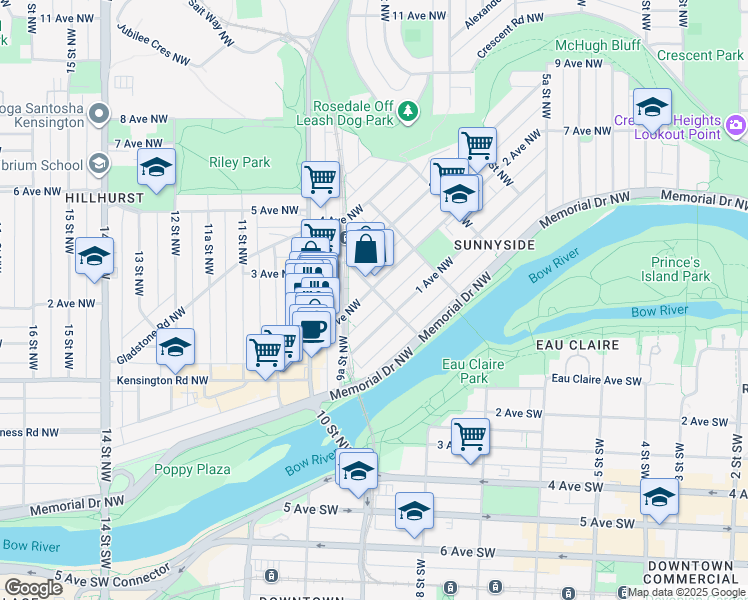map of restaurants, bars, coffee shops, grocery stores, and more near 1007 1st Avenue Northwest in Calgary