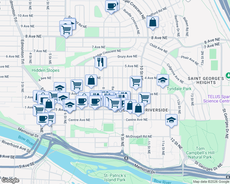 map of restaurants, bars, coffee shops, grocery stores, and more near 402 8A Street Northeast in Calgary