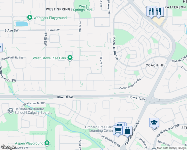 map of restaurants, bars, coffee shops, grocery stores, and more near 209 West Grove Point Southwest in Calgary