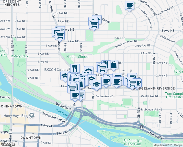 map of restaurants, bars, coffee shops, grocery stores, and more near 654 2 Avenue Northeast in Calgary