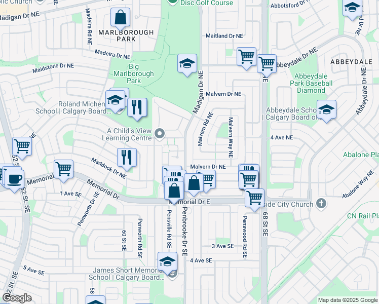 map of restaurants, bars, coffee shops, grocery stores, and more near 6090 Madigan Drive Northeast in Calgary