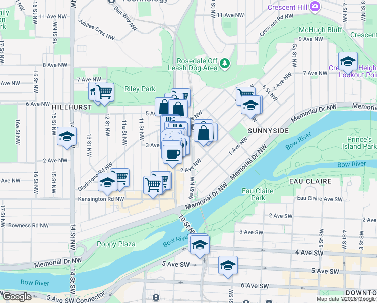 map of restaurants, bars, coffee shops, grocery stores, and more near 327 9A Street Northwest in Calgary