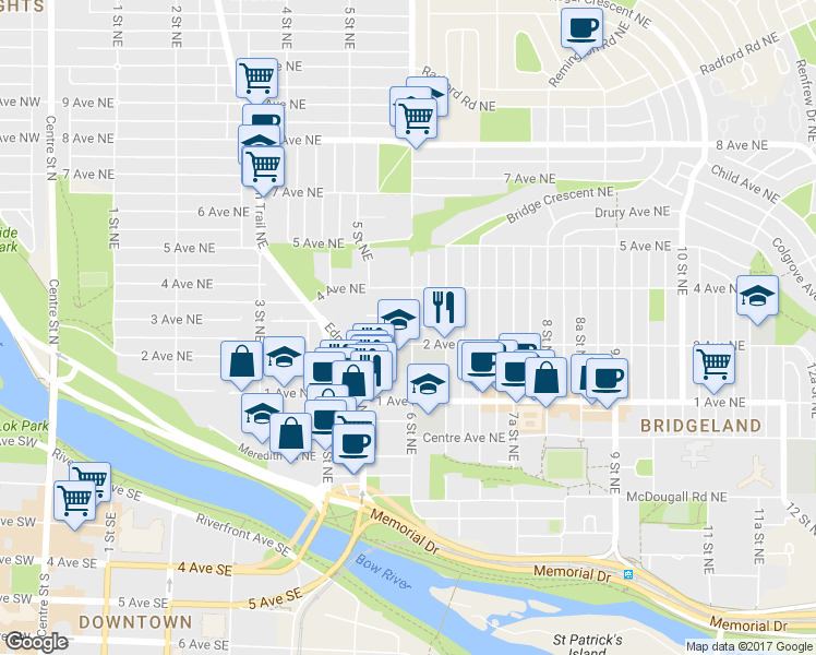 map of restaurants, bars, coffee shops, grocery stores, and more near 420 6 Street Northeast in Calgary