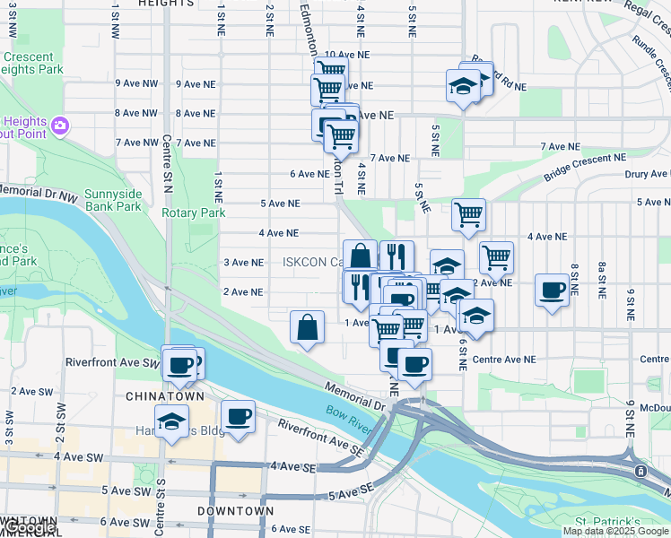 map of restaurants, bars, coffee shops, grocery stores, and more near in Calgary
