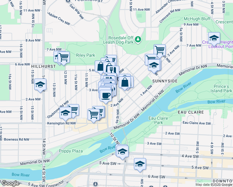 map of restaurants, bars, coffee shops, grocery stores, and more near 320 9 Street Northwest in Calgary