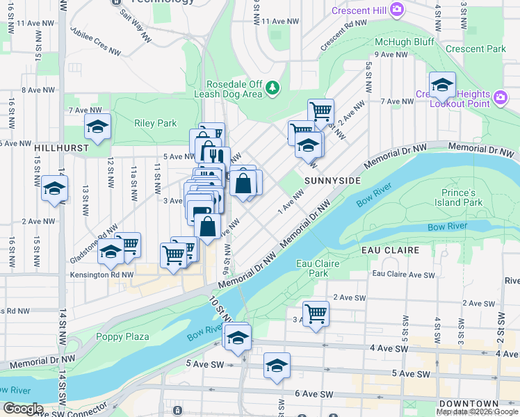 map of restaurants, bars, coffee shops, grocery stores, and more near 931 2 Avenue Northwest in Calgary
