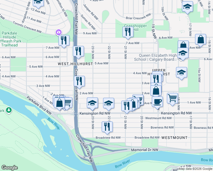 map of restaurants, bars, coffee shops, grocery stores, and more near 2305 3 Avenue Northwest in Calgary