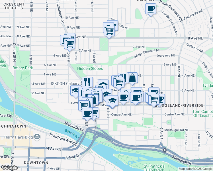 map of restaurants, bars, coffee shops, grocery stores, and more near 411 6 Street Northeast in Calgary