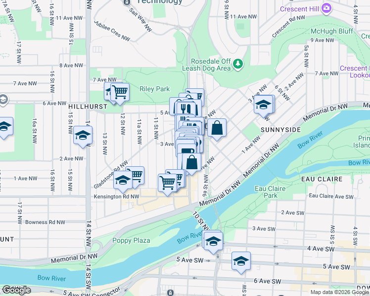 map of restaurants, bars, coffee shops, grocery stores, and more near in Calgary
