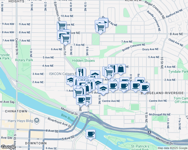 map of restaurants, bars, coffee shops, grocery stores, and more near in Calgary