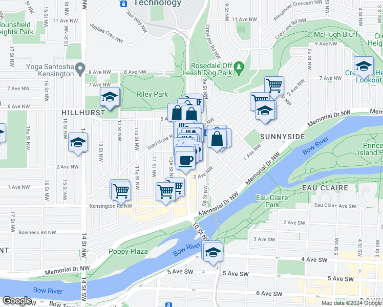 map of restaurants, bars, coffee shops, grocery stores, and more near 338 10 Street Northwest in Calgary