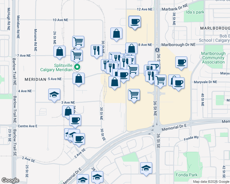 map of restaurants, bars, coffee shops, grocery stores, and more near 401 33 Street Northeast in Calgary