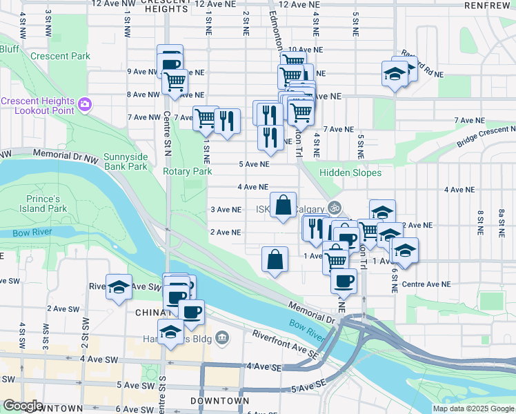 map of restaurants, bars, coffee shops, grocery stores, and more near 312 3 Avenue Northeast in Calgary