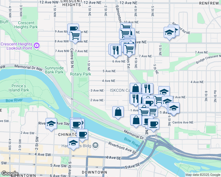 map of restaurants, bars, coffee shops, grocery stores, and more near 312 3 Avenue Northeast in Calgary