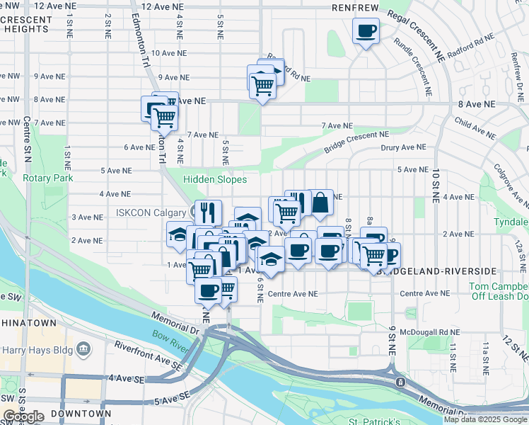 map of restaurants, bars, coffee shops, grocery stores, and more near 420 6 Street Northeast in Calgary