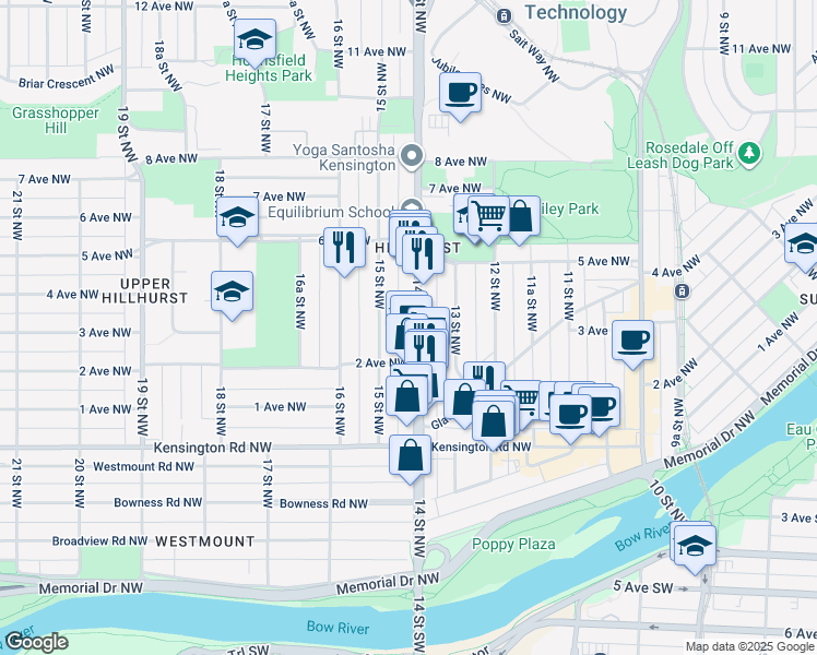 map of restaurants, bars, coffee shops, grocery stores, and more near 410 14 Street Northwest in Calgary