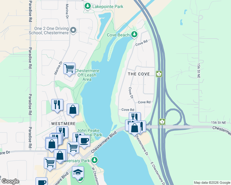 map of restaurants, bars, coffee shops, grocery stores, and more near 153 Cove Road in Chestermere