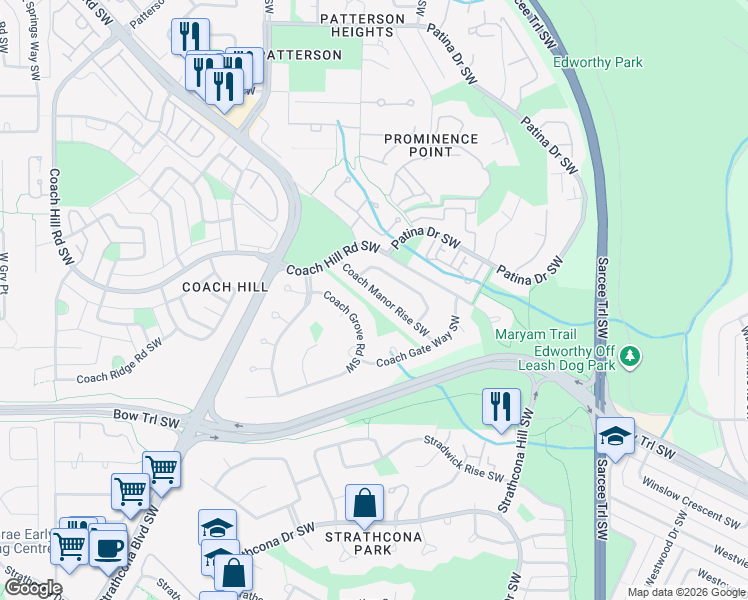 map of restaurants, bars, coffee shops, grocery stores, and more near 71 Coach Manor Rise Southwest in Calgary