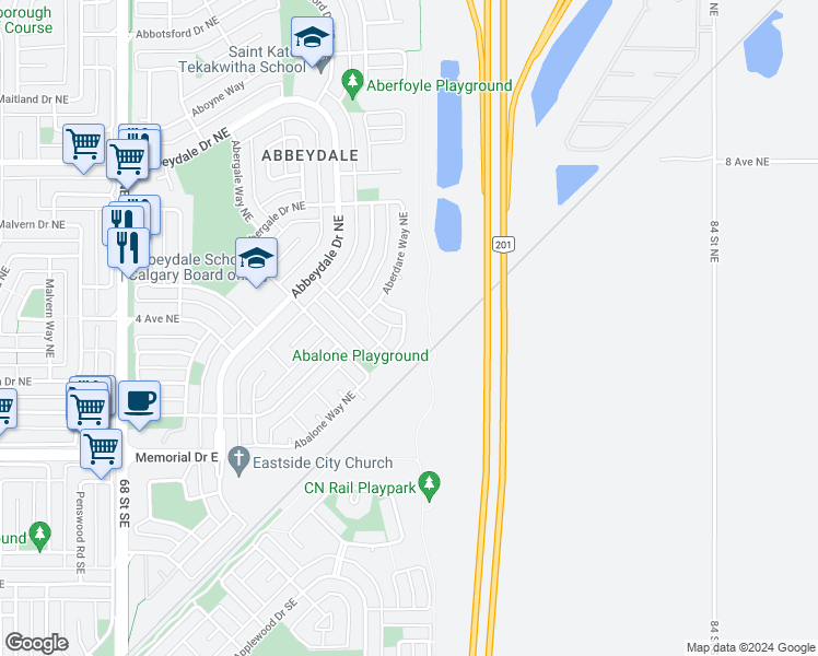 map of restaurants, bars, coffee shops, grocery stores, and more near 73 Aberdare Road Northeast in Calgary