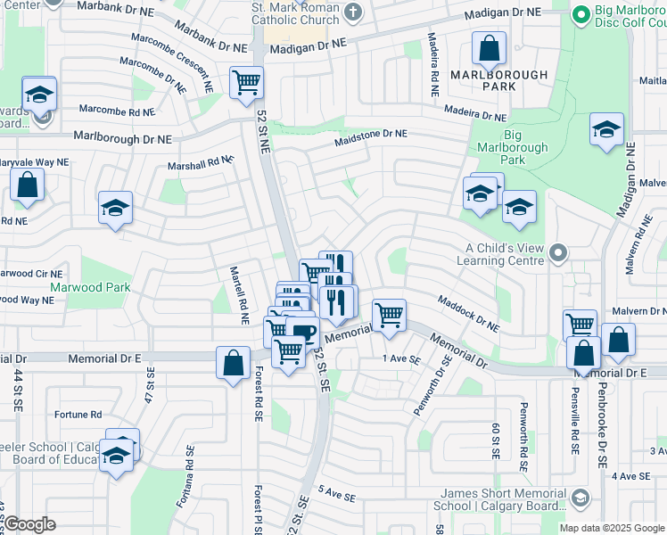 map of restaurants, bars, coffee shops, grocery stores, and more near 5501 4 Avenue Northeast in Calgary