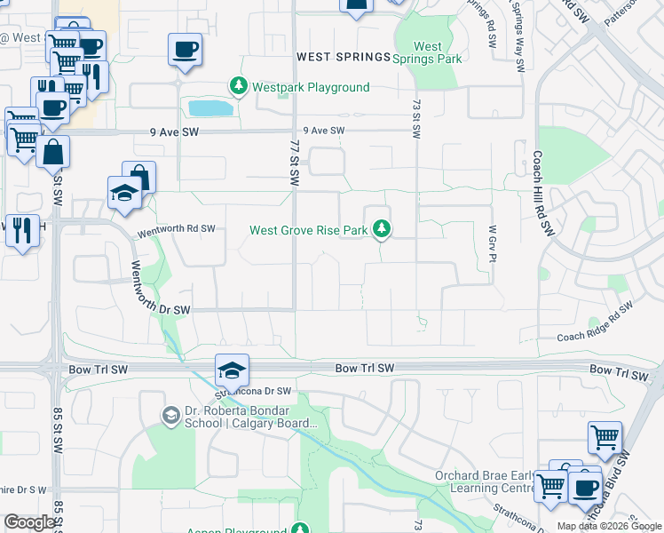 map of restaurants, bars, coffee shops, grocery stores, and more near 19 West Grove Place in Calgary
