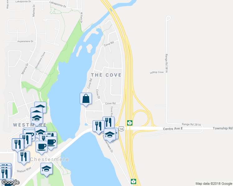 map of restaurants, bars, coffee shops, grocery stores, and more near 207 Cove Crescent in Chestermere