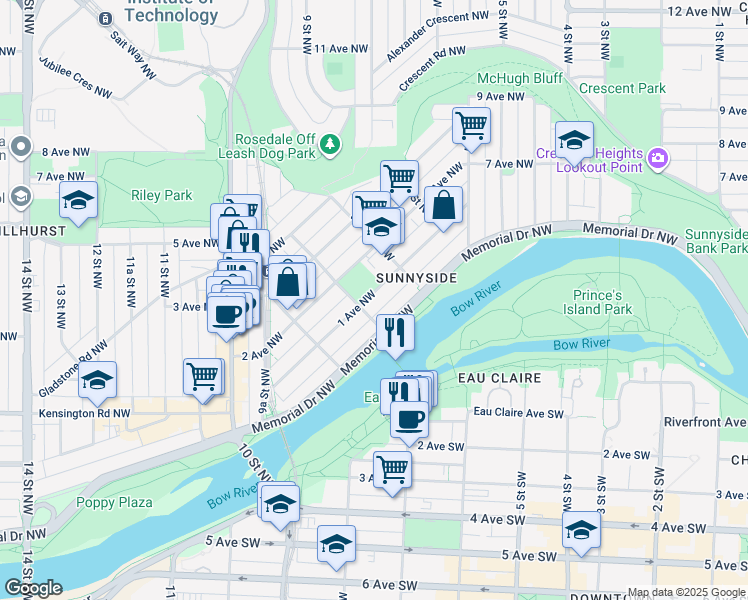map of restaurants, bars, coffee shops, grocery stores, and more near 831 1st Avenue Northwest in Calgary