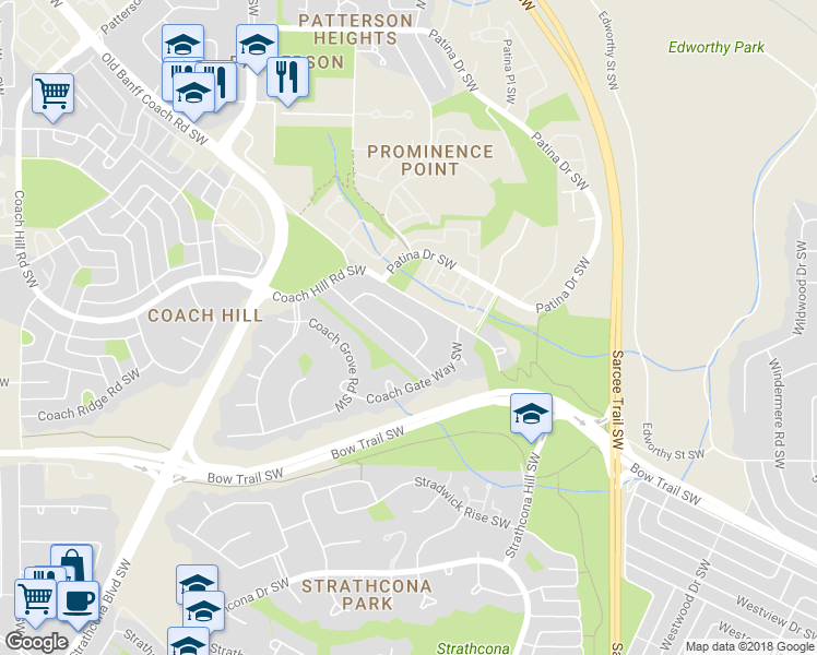 map of restaurants, bars, coffee shops, grocery stores, and more near 35 Coach Manor Terrace Southwest in Calgary
