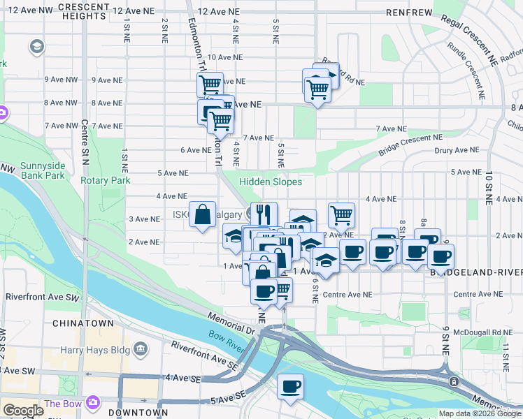 map of restaurants, bars, coffee shops, grocery stores, and more near 400 Edmonton Trail in Calgary