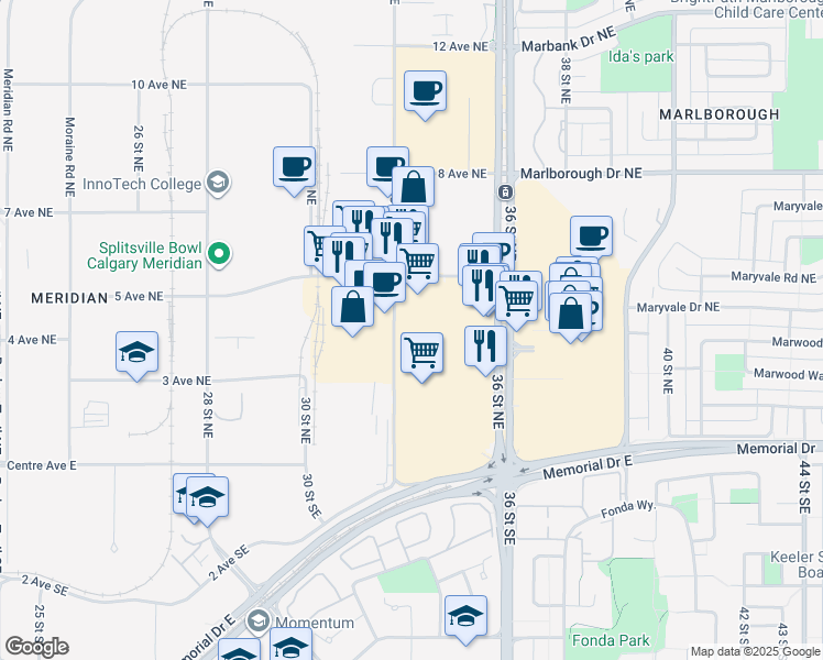 map of restaurants, bars, coffee shops, grocery stores, and more near 495 36 Street Northeast in Calgary