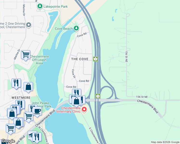 map of restaurants, bars, coffee shops, grocery stores, and more near 207 Cove Crescent in Chestermere