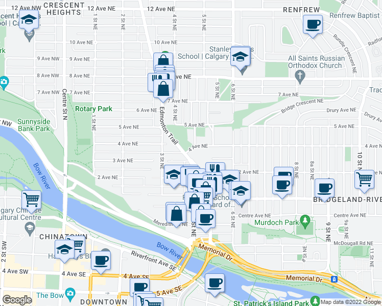 map of restaurants, bars, coffee shops, grocery stores, and more near in Calgary