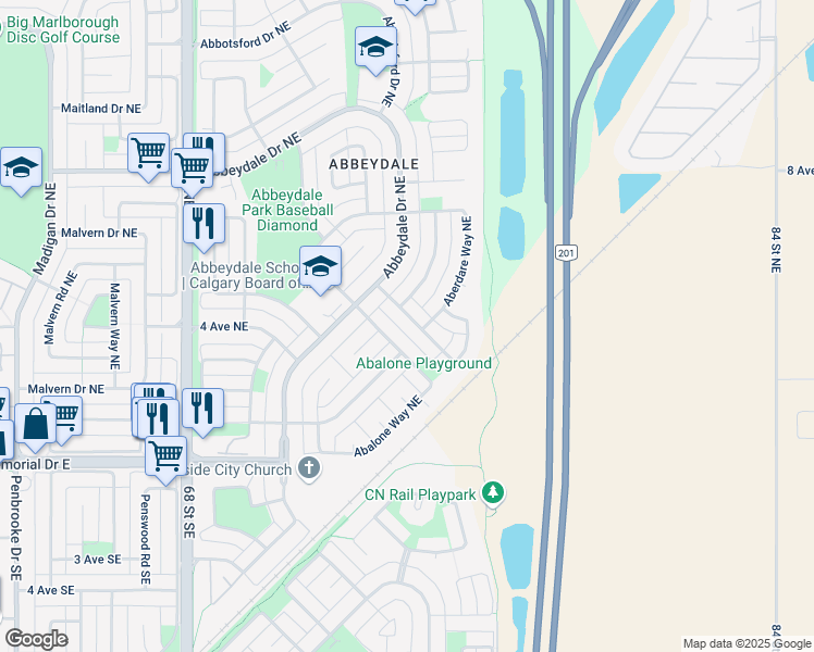 map of restaurants, bars, coffee shops, grocery stores, and more near 23 Aberdare Road Northeast in Calgary