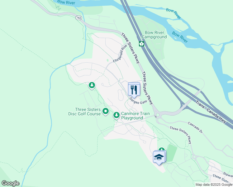 map of restaurants, bars, coffee shops, grocery stores, and more near 80 Dyrgas Gate in Canmore