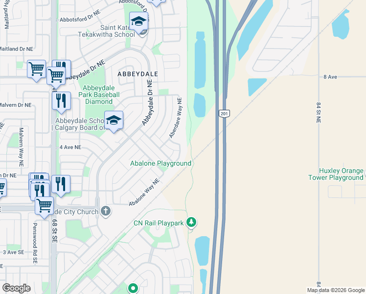 map of restaurants, bars, coffee shops, grocery stores, and more near 73 Aberdare Road Northeast in Calgary