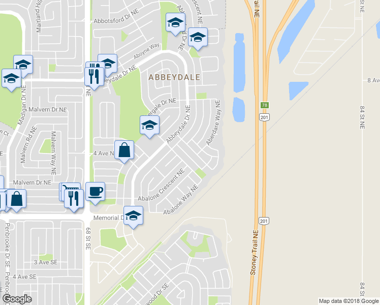 map of restaurants, bars, coffee shops, grocery stores, and more near 23 Aberdare Road Northeast in Calgary