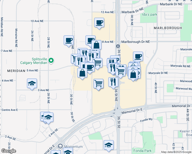 map of restaurants, bars, coffee shops, grocery stores, and more near 495 36 Street Northeast in Calgary