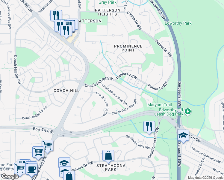 map of restaurants, bars, coffee shops, grocery stores, and more near 71 Coach Manor Rise Southwest in Calgary