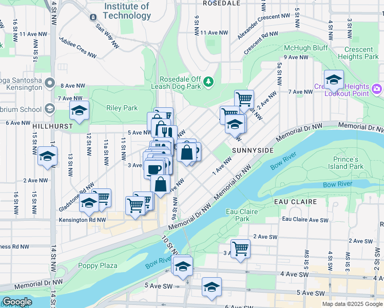map of restaurants, bars, coffee shops, grocery stores, and more near in Calgary
