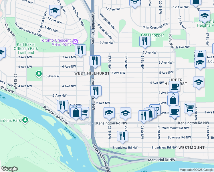 map of restaurants, bars, coffee shops, grocery stores, and more near 2402 3 Avenue Northwest in Calgary
